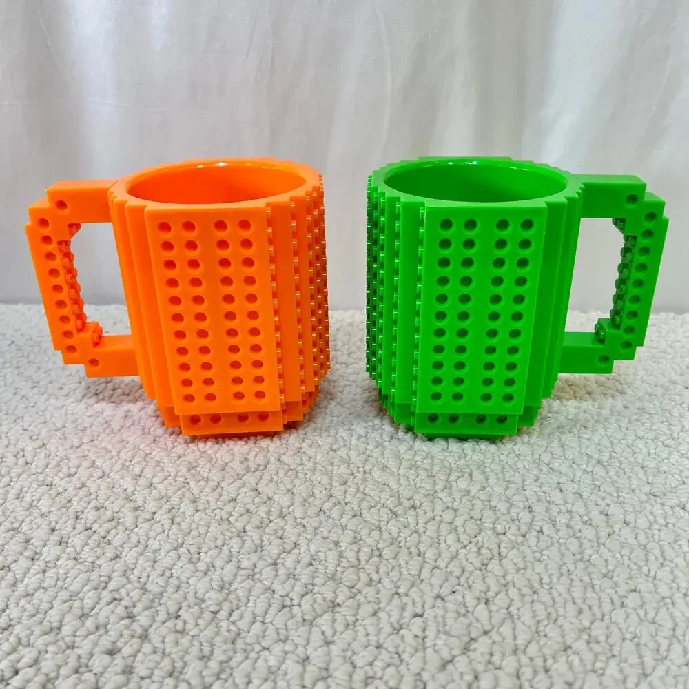 Plastic Brick Drink Mugs DIY Novelty Cup Build On Lot of 2 Orange & Green 12 oz
